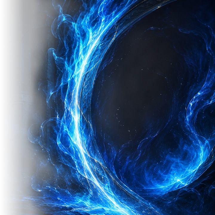 A blue flame-wreathed portal opening in darkness